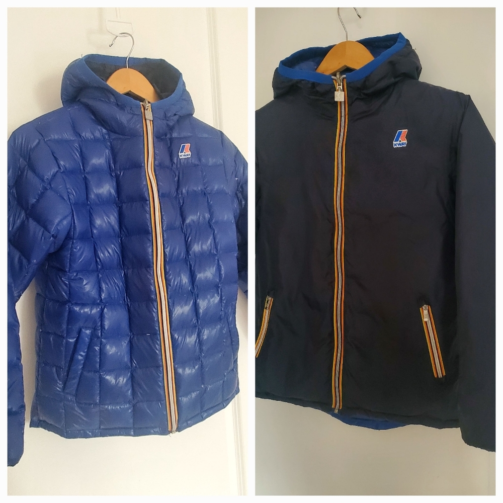 K-WAY 100% down-feather ultrawarm reversible puffer jacket hood pockets size 10